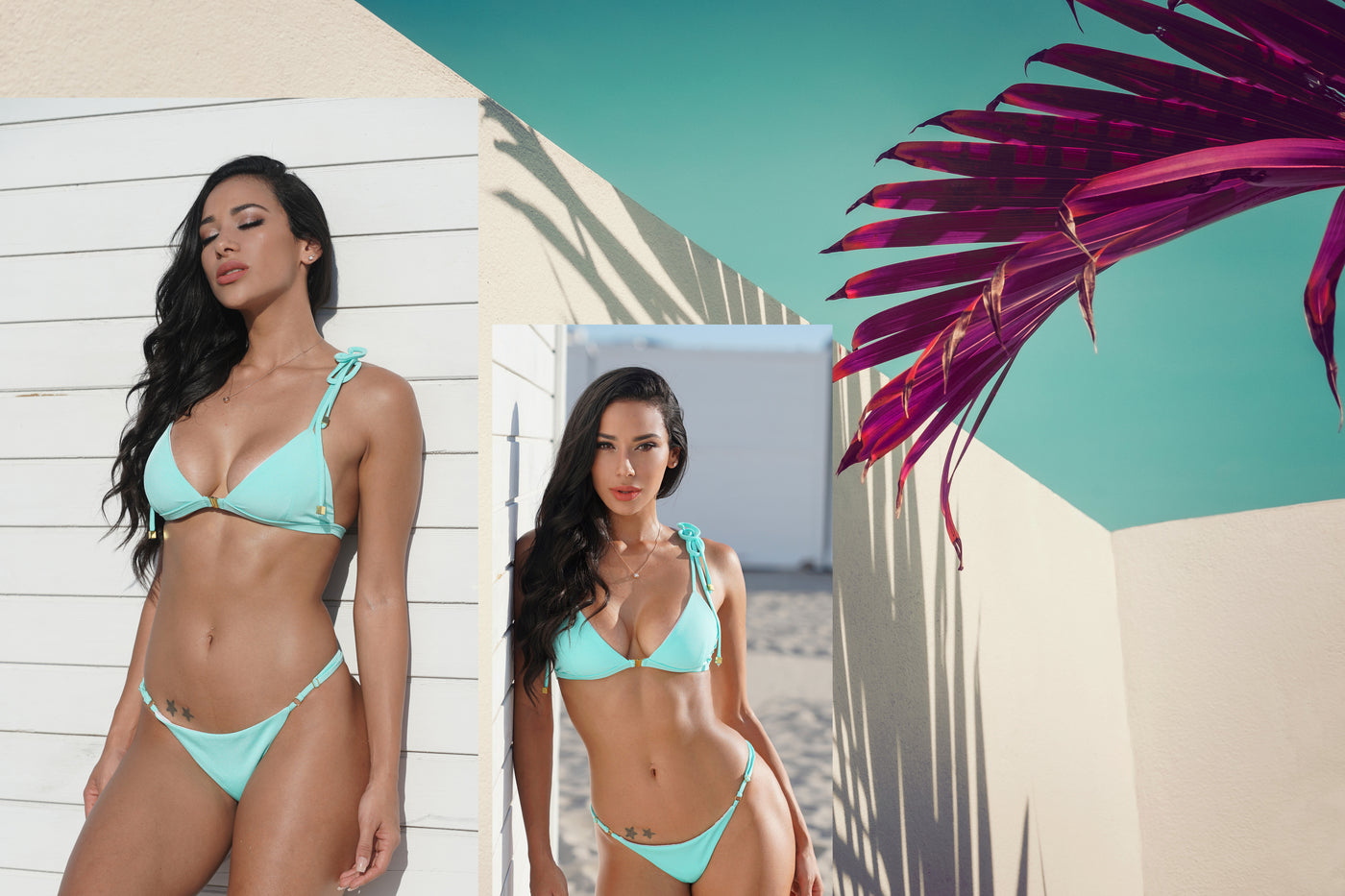 Aqua ribbed bikini with adjustable brazilian bottom and tie straps. Sustainable swimwear. 
